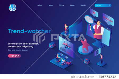 Trend-watcher concept isometric landing page. Team making marketing research of new trends and content, analyzes data, 3d web banner template. Vector illustration with people scene in flat design Trend-watcher concept isometric landing page. Team making marketing research of new trends and content, analyzes data, 3d web banner template. Vector illustration with people scene in flat design 136773232