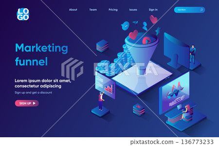 Marketing funnel concept isometric landing page. Team attracts new customers making purchases and generating sales, 3d web banner template. Vector illustration with people scene in flat design Marketing funnel concept isometric landing page. Team attracts new customers making purchases and generating sales, 3d web banner template. Vector illustration with people scene in flat design 136773233