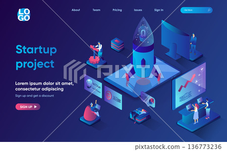Startup project concept isometric landing page. Team creates and launches new project, analyzes and promotes business, 3d web banner template. Vector illustration with people scene in flat design Startup project concept isometric landing page. Team creates and launches new project, analyzes and promotes business, 3d web banner template. Vector illustration with people scene in flat design 136773236