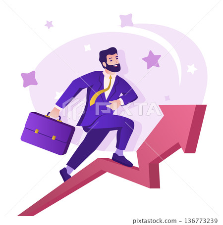 Business growth flat character concept for web design. Businessman with briefcase develops project, increases profits, modern people scene. Vector illustration for social media promotional materials. 136773239
