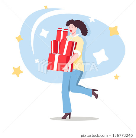 Woman giving gifts flat character concept for web design. Young girl holding red gift boxes, presents for celebration, modern people scene. Vector illustration for social media promotional materials. 136773240