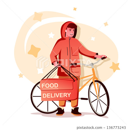 Food delivery flat character concept for web design. Man courier delivering parcel by bicycle, fast shipping at home, modern people scene. Vector illustration for social media promotional materials. 136773243