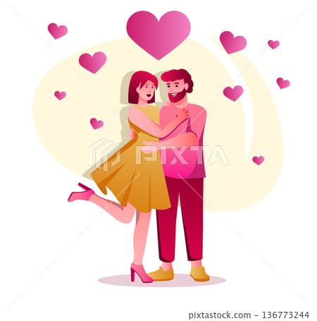 Couple happy together flat character concept for web design. Lovers man and woman hugs on romantic date, relationship modern people scene. Vector illustration for social media promotional materials. 136773244