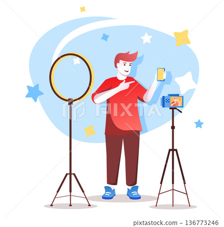 Video blogger flat character concept for web design. Happy man recording video review of mobile phone in studio, modern people scene. Vector illustration for social media promotional materials. Video blogger flat character concept for web design. Happy man recording video review of mobile phone in studio, modern people scene. Vector illustration for social media promotional materials. 136773246