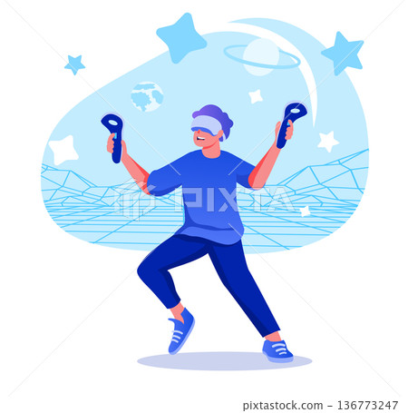 Virtual reality flat character concept for web design. Happy man in VR headset playing in augmented reality simulation, modern people scene. Vector illustration for social media promotional materials. 136773247