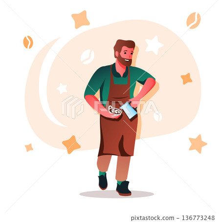 Barista makes coffee flat character concept for web design. Man holding cup with beverage and working in coffee shop, modern people scene. Vector illustration for social media promotional materials. Barista makes coffee flat character concept for web design. Man holding cup with beverage and working in coffee shop, modern people scene. Vector illustration for social media promotional materials. 136773248