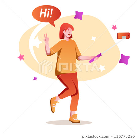 Blogger flat character concept for web design. Woman is broadcasting live or recording video at camera for online blog, modern people scene. Vector illustration for social media promotional materials. Blogger flat character concept for web design. Woman is broadcasting live or recording video at camera for online blog, modern people scene. Vector illustration for social media promotional materials. 136773250