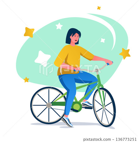 Woman on bicycle flat character concept for web design. Young girl rides bike, eco transport at city, healthy activity modern people scene. Vector illustration for social media promotional materials. Woman on bicycle flat character concept for web design. Young girl rides bike, eco transport at city, healthy activity modern people scene. Vector illustration for social media promotional materials. 136773251