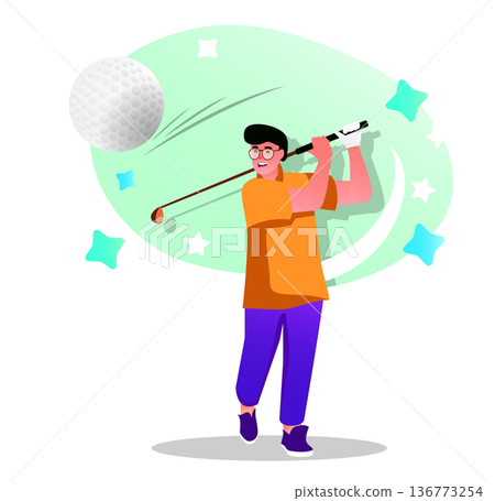Golf player flat character concept for web design. Happy man hits the ball with a club, training or golf tournament, modern people scene. Vector illustration for social media promotional materials. Golf player flat character concept for web design. Happy man hits the ball with a club, training or golf tournament, modern people scene. Vector illustration for social media promotional materials. 136773254