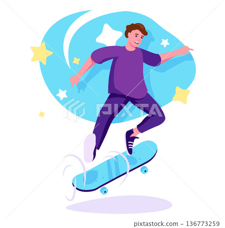 Skateboarder flat character concept for web design. Happy man skater riding skateboard, urban extreme sport activity, modern people scene. Vector illustration for social media promotional materials. Skateboarder flat character concept for web design. Happy man skater riding skateboard, urban extreme sport activity, modern people scene. Vector illustration for social media promotional materials. 136773259