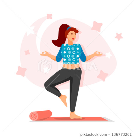 Yoga training flat character concept for web design. Happy woman practicing asana and meditating, healthy lifestyle, modern people scene. Vector illustration for social media promotional materials. 136773261