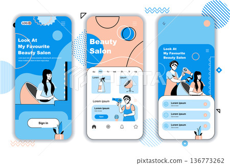 Beauty salon concept onboarding screens for mobile app templates. Hairdresser makes haircut, hair care procedures. UI, UX, GUI user interface kit with people scenes for web design. Vector illustration 136773262