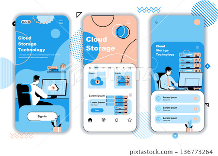 Cloud storage concept onboarding screens for mobile app templates. Users upload files, processing and computing. UI, UX, GUI user interface kit with people scenes for web design. Vector illustration 136773264