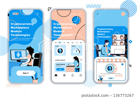 Cryptocurrency marketplace concept onboarding screens for mobile app templates. Blockchain, bitcoin mining farm. UI, UX, GUI user interface kit with people scenes for web design. Vector illustration Cryptocurrency marketplace concept onboarding screens for mobile app templates. Blockchain, bitcoin mining farm. UI, UX, GUI user interface kit with people scenes for web design. Vector illustration 136773267