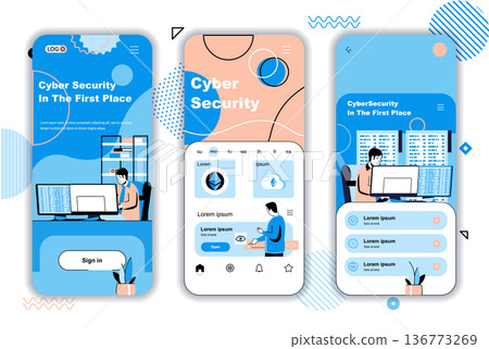 Cyber security concept onboarding screens for mobile app templates. Personal data protection system on Internet. UI, UX, GUI user interface kit with people scenes for web design. Vector illustration Cyber security concept onboarding screens for mobile app templates. Personal data protection system on Internet. UI, UX, GUI user interface kit with people scenes for web design. Vector illustration 136773269