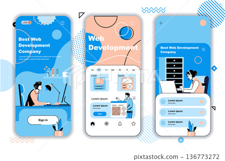 Web development concept onboarding screens for mobile app templates. Developers team create and optimize layout. UI, UX, GUI user interface kit with people scenes for web design. Vector illustration Web development concept onboarding screens for mobile app templates. Developers team create and optimize layout. UI, UX, GUI user interface kit with people scenes for web design. Vector illustration 136773272