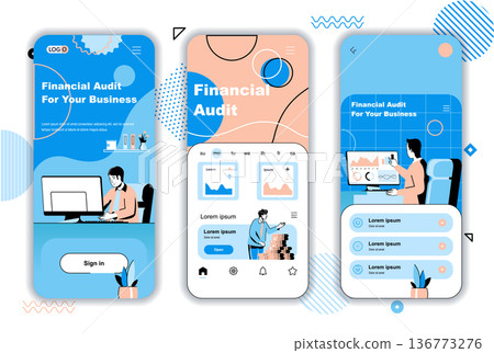 Financial audit concept onboarding screens for mobile app templates. Accounting and calculating budget statistics. UI, UX, GUI user interface kit with people scenes for web design. Vector illustration Financial audit concept onboarding screens for mobile app templates. Accounting and calculating budget statistics. UI, UX, GUI user interface kit with people scenes for web design. Vector illustration 136773276