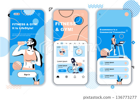 Fitness and gym concept onboarding screens for mobile app templates. Athletes do exercise and workout activity. UI, UX, GUI user interface kit with people scenes for web design. Vector illustration 136773277