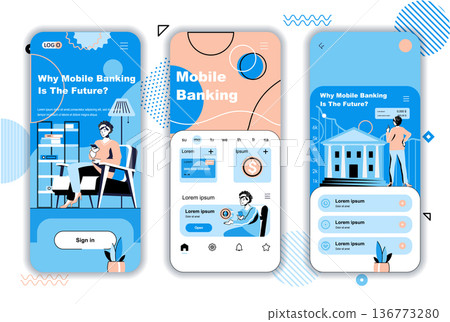 Mobile banking concept onboarding screens for mobile app templates. Online financial transactions and payments. UI, UX, GUI user interface kit with people scenes for web design. Vector illustration Mobile banking concept onboarding screens for mobile app templates. Online financial transactions and payments. UI, UX, GUI user interface kit with people scenes for web design. Vector illustration 136773280
