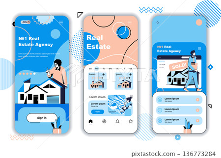 Real estate concept onboarding screens for mobile app templates. Buying and selling housing, building houses. UI, UX, GUI user interface kit with people scenes for web design. Vector illustration 136773284