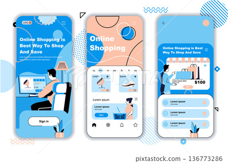 Online shopping concept onboarding screens for mobile app templates. Buyers choose products and pay for purchases. UI, UX, GUI user interface kit with people scenes for web design. Vector illustration Online shopping concept onboarding screens for mobile app templates. Buyers choose products and pay for purchases. UI, UX, GUI user interface kit with people scenes for web design. Vector illustration 136773286