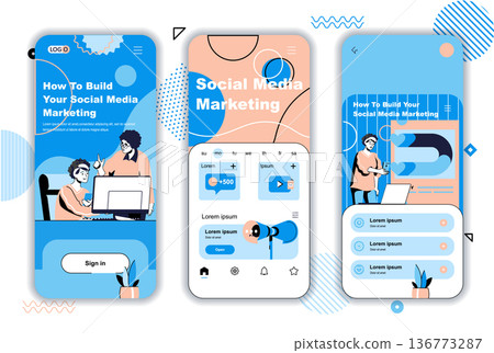 Social media marketing concept onboarding screens for mobile app templates. Success online strategy promotion. UI, UX, GUI user interface kit with people scenes for web design. Vector illustration 136773287