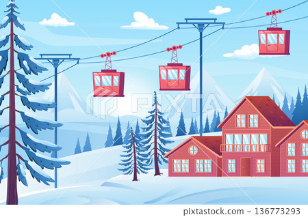 Ski resort with cable car view concept in flat cartoon design. Holiday cottages, winter forest with fir trees, snowy mountains, cableway cabins lifting. Natural scenery. Vector illustration background 136773293