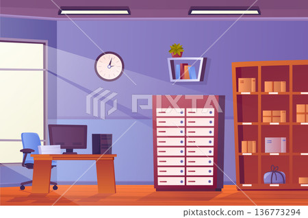 Workplace at office interior concept in flat cartoon design. Room and furniture wallpaper. Desktop computer, desk with papers, armchair, cabinet, rack, bookshelf, decor. Vector illustration background 136773294