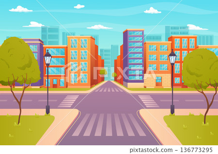 Crossroads on city street view concept in flat cartoon design. Cityview with roadway, sidewalk with lanterns, buildings, skyscrapers on horizon. Urban infrastructure. Vector illustration background Crossroads on city street view concept in flat cartoon design. Cityview with roadway, sidewalk with lanterns, buildings, skyscrapers on horizon. Urban infrastructure. Vector illustration background 136773295