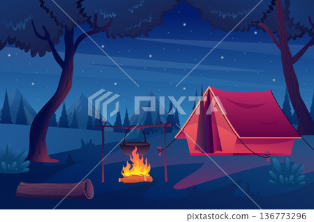 Trekking with tent in forest concept in flat cartoon design. Night scene in woods, starry sky, campground and fireplace, mountains on horizon. Summer hiking outdoors. Vector illustration background Trekking with tent in forest concept in flat cartoon design. Night scene in woods, starry sky, campground and fireplace, mountains on horizon. Summer hiking outdoors. Vector illustration background 136773296