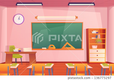 School classroom interior concept in flat cartoon design. Room and furniture wallpaper. Class with pupils desks, chairs, teachers desk, chalkboard, bookcase and decor. Vector illustration background School classroom interior concept in flat cartoon design. Room and furniture wallpaper. Class with pupils desks, chairs, teachers desk, chalkboard, bookcase and decor. Vector illustration background 136773297