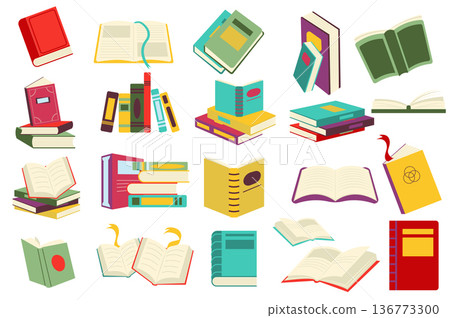 Reading book set in flat cartoon design. Stacks of books at bookstore or library. Student or reader bookshelf pack. Literature of different genres collection isolated elements. Vector illustration Reading book set in flat cartoon design. Stacks of books at bookstore or library. Student or reader bookshelf pack. Literature of different genres collection isolated elements. Vector illustration 136773300