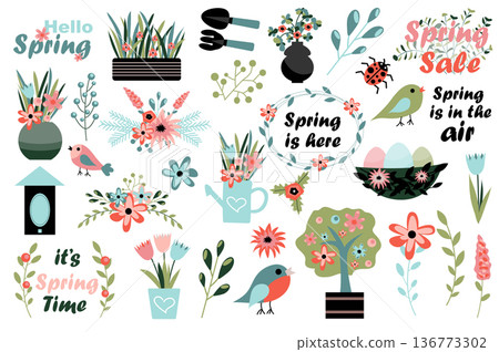 Springtime collection in flat design. Hello spring isolated elements. Flower bouquets, blooming trees, plants, birds, watering can, tools and other symbols set. Vector illustration. Hand drawn style. 136773302