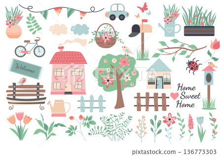 Sweet home collection in flat design. Cute houses, blooming trees, car, bicycle, wooden fences, flowers and bouquets, mailbox and others isolated elements set. Vector illustration. Hand drawn style. Sweet home collection in flat design. Cute houses, blooming trees, car, bicycle, wooden fences, flowers and bouquets, mailbox and others isolated elements set. Vector illustration. Hand drawn style. 136773303