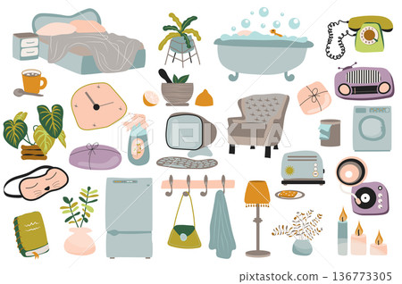 Cozy interior collection in flat design. Furniture for bedroom, bathroom, kitchen. Bed bathtub, armchair, computer, lamp, decor, others isolated elements set. Vector illustration. Hand drawn style. 136773305