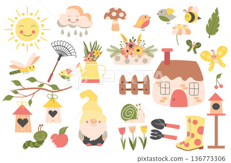 Gardening and Spring collection in flat design. House and fence, garden gnome, rubber boots, tools, flower bouquets, birds, sun and others isolated elements set. Vector illustration. Hand drawn style. 136773306