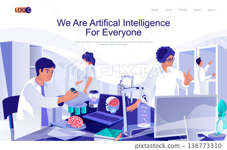 Artificial intelligence concept isometric landing page. People working with ai brains neural network in science laboratory, 3d web banner. Vector illustration in flat design for website template 136773310