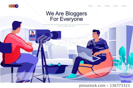 Bloggers concept isometric landing page. People recording video review on camera or doing live streaming for followers in studio, 3d web banner. Vector illustration in flat design for website template Bloggers concept isometric landing page. People recording video review on camera or doing live streaming for followers in studio, 3d web banner. Vector illustration in flat design for website template 136773323