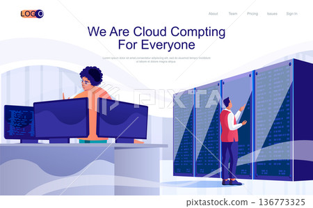 Cloud computing concept isometric landing page. People working in tech support in data center racks room, data storage, hosting, 3d web banner. Vector illustration in flat design for website template Cloud computing concept isometric landing page. People working in tech support in data center racks room, data storage, hosting, 3d web banner. Vector illustration in flat design for website template 136773325