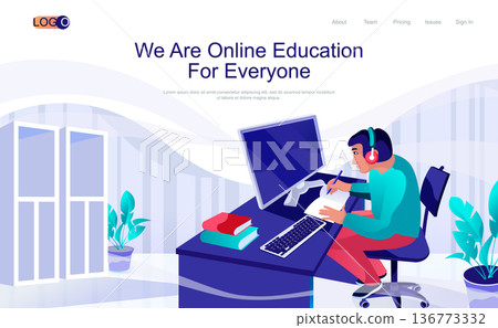 Online education concept isometric landing page. Student watches video lesson, remote learning from home, 3d web banner with people scene. Vector illustration in flat design for website template Online education concept isometric landing page. Student watches video lesson, remote learning from home, 3d web banner with people scene. Vector illustration in flat design for website template 136773332