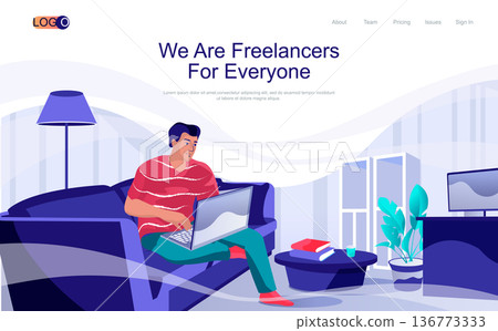 Freelancers concept isometric landing page. Man performs work tasks online while sitting with laptop at home, 3d web banner with people scene. Vector illustration in flat design for website template 136773333