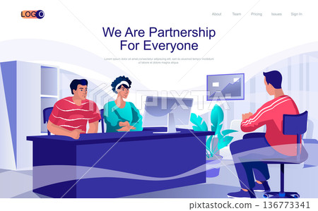 Partnership concept isometric landing page. People discuss work tasks, conclude business deal, businesspeople meeting in office, 3d web banner. Vector illustration in flat design for website template Partnership concept isometric landing page. People discuss work tasks, conclude business deal, businesspeople meeting in office, 3d web banner. Vector illustration in flat design for website template 136773341