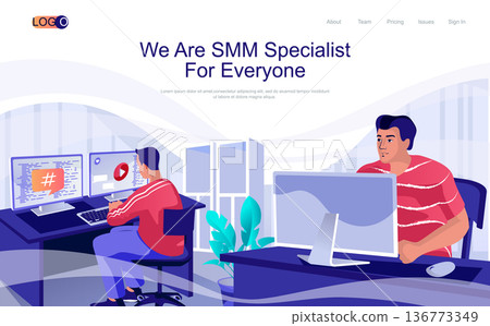 SMM specialist concept isometric landing page. People working at computers, create content and making in online promotion, 3d web banner. Vector illustration in flat design for website template SMM specialist concept isometric landing page. People working at computers, create content and making in online promotion, 3d web banner. Vector illustration in flat design for website template 136773349