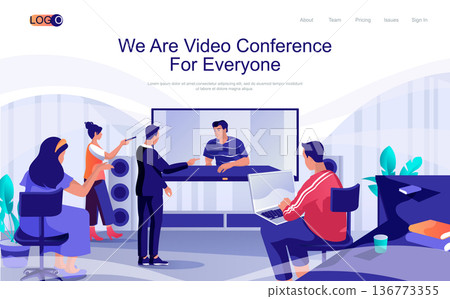 Video conference concept isometric landing page. People communicate by video call with colleague, discussion and brainstorming, 3d web banner. Vector illustration in flat design for website template 136773355