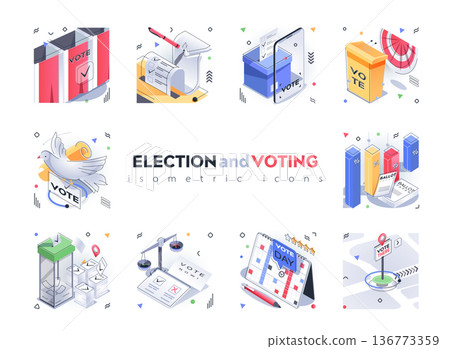 Election and Voting isometric icons set. Polling stations, list of candidates, election day, legal election campaign, ratings analysis 3d isometry isolated pack. Vector illustration isometric elements 136773359
