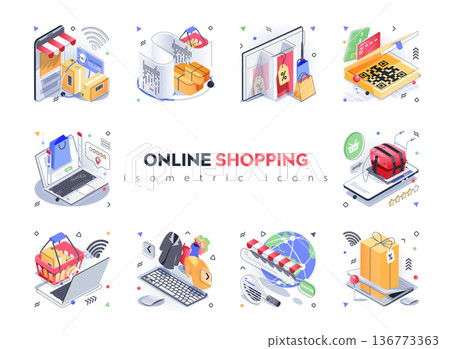 Online shopping isometric icons set. Choosing and paying for goods on websites stores, worldwide e-commerce, home delivery service, 3d isometry isolated pack. Vector illustration isometric elements Online shopping isometric icons set. Choosing and paying for goods on websites stores, worldwide e-commerce, home delivery service, 3d isometry isolated pack. Vector illustration isometric elements 136773363