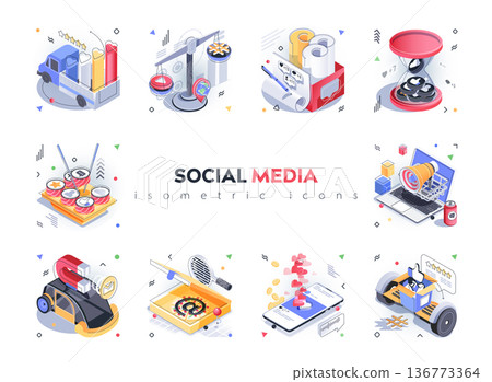 Social media isometric icons set. Content creation and publication, attracting new audience, digital marketing, likes and following, 3d isometry isolated pack. Vector illustration isometric elements Social media isometric icons set. Content creation and publication, attracting new audience, digital marketing, likes and following, 3d isometry isolated pack. Vector illustration isometric elements 136773364