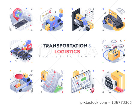 Transportation and logistics isometric icons set. Global delivery service, storage of parcels in warehouses, online tracking in app, 3d isometry isolated pack. Vector illustration isometric elements 136773365