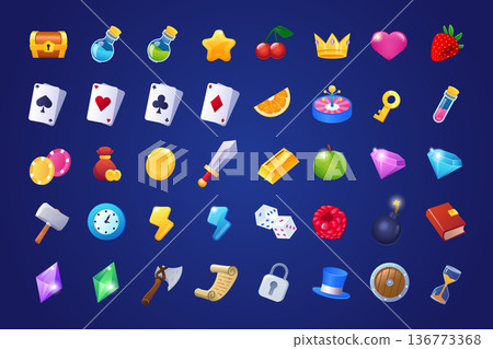 Colorful slots items for game menu isolated set. Fruits, cards, dice, diamond, roulette, casino different symbols. Gambling elements kit of graphical user interface of mobile app. Vector illustration. 136773368