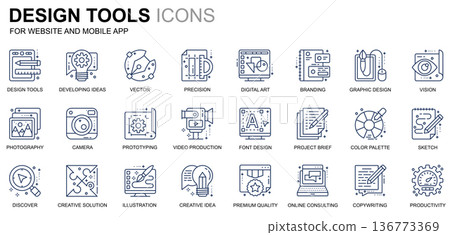 Simple Set Design Tools Line Icons for Website and Mobile Apps. Contains such Icons as Creative, Developing, Precision, Vision, Sketch. Conceptual color line icon. Vector pictogram pack. Simple Set Design Tools Line Icons for Website and Mobile Apps. Contains such Icons as Creative, Developing, Precision, Vision, Sketch. Conceptual color line icon. Vector pictogram pack. 136773369